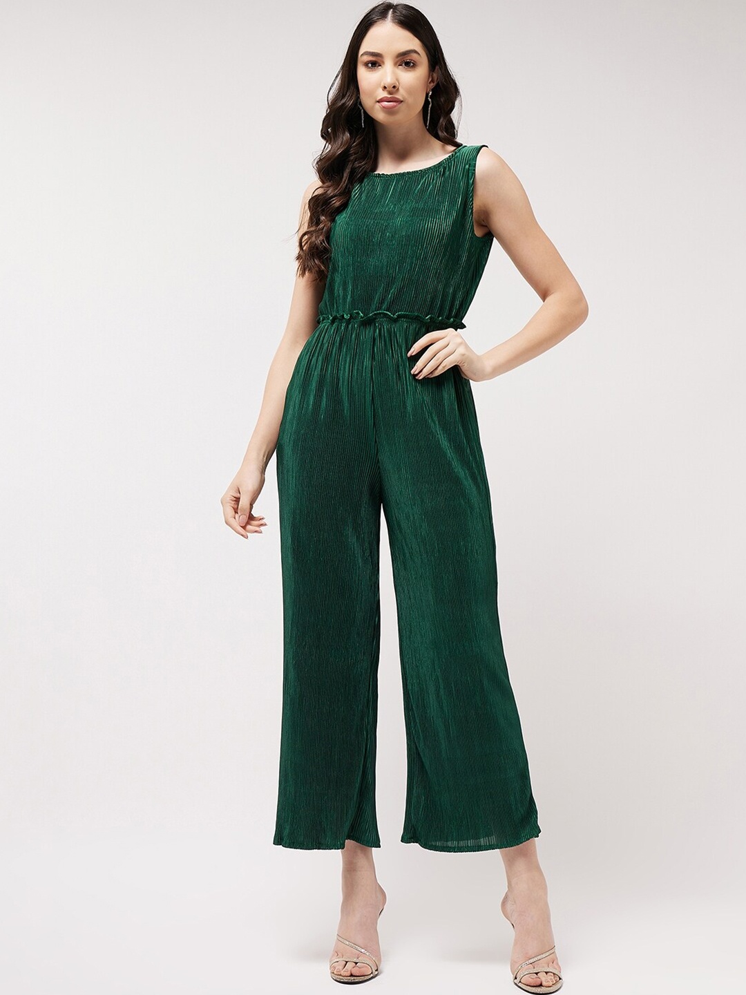 

Zima Leto Round Neck Pleated Basic Jumpsuit, Green