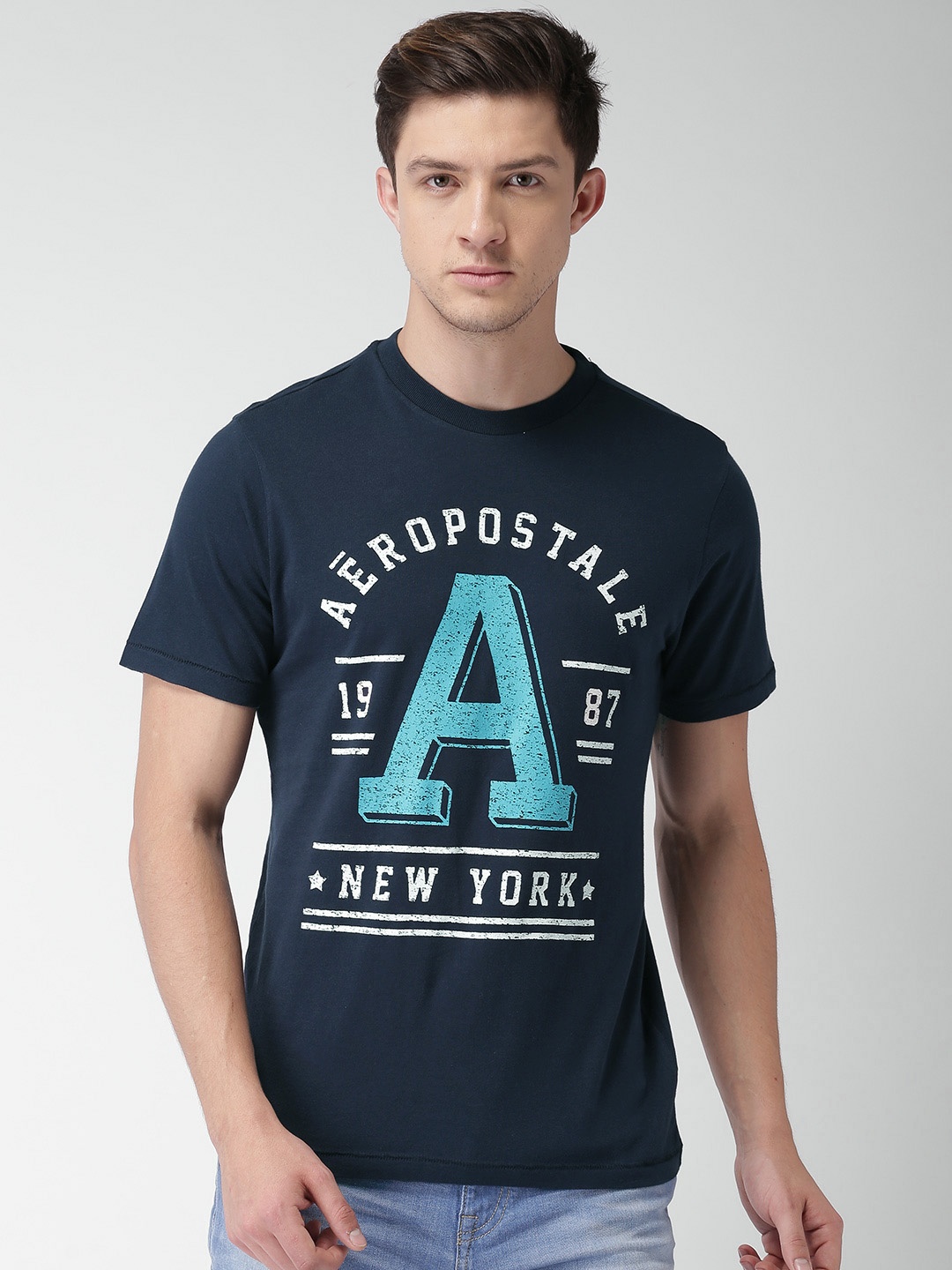 

Aeropostale Men Navy Blue Printed Round Neck T-shirt