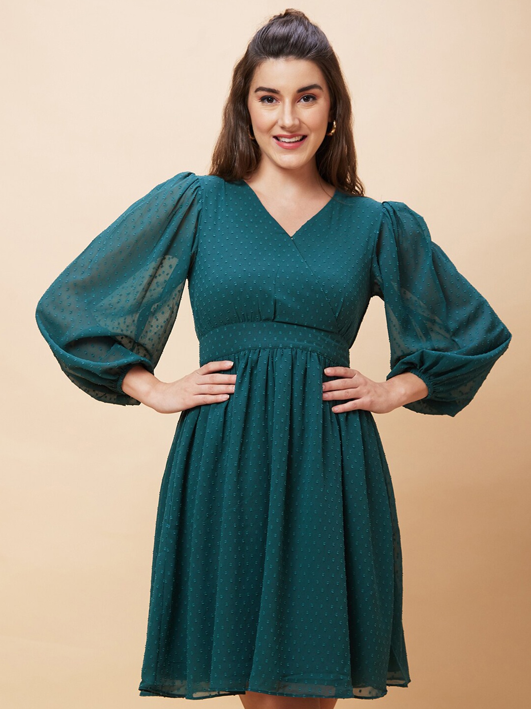 

Globus Green Self Design Puff Sleeve Gathered Fit & Flared Dress