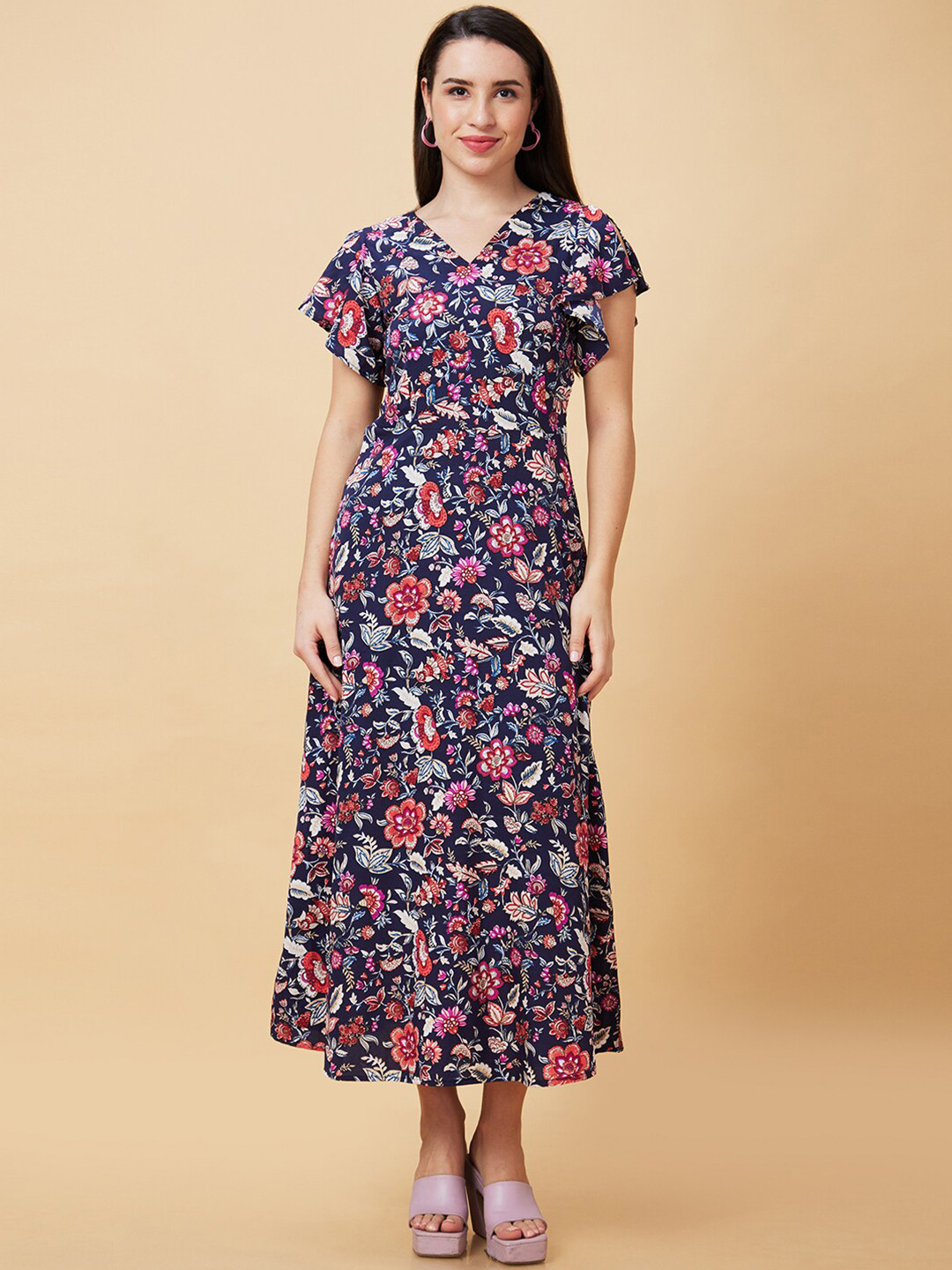 

Globus Navy Blue Floral Printed Flared Sleeve Gathered A-Line Midi Dress