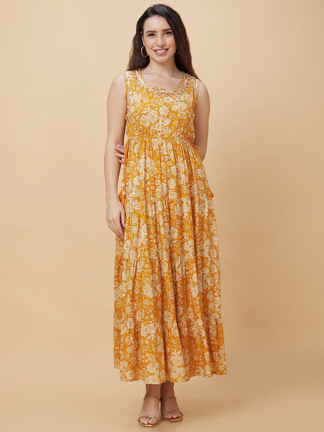 

Globus Mustard Yellow & White Floral Printed Embellished Detailed Fit & Flare Ethnic Dress