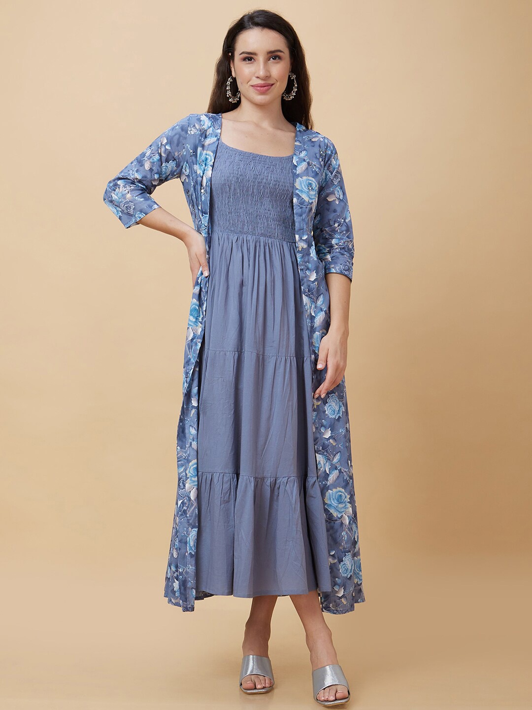 

Globus Smocked Cotton A Line Dress With Shrug, Blue