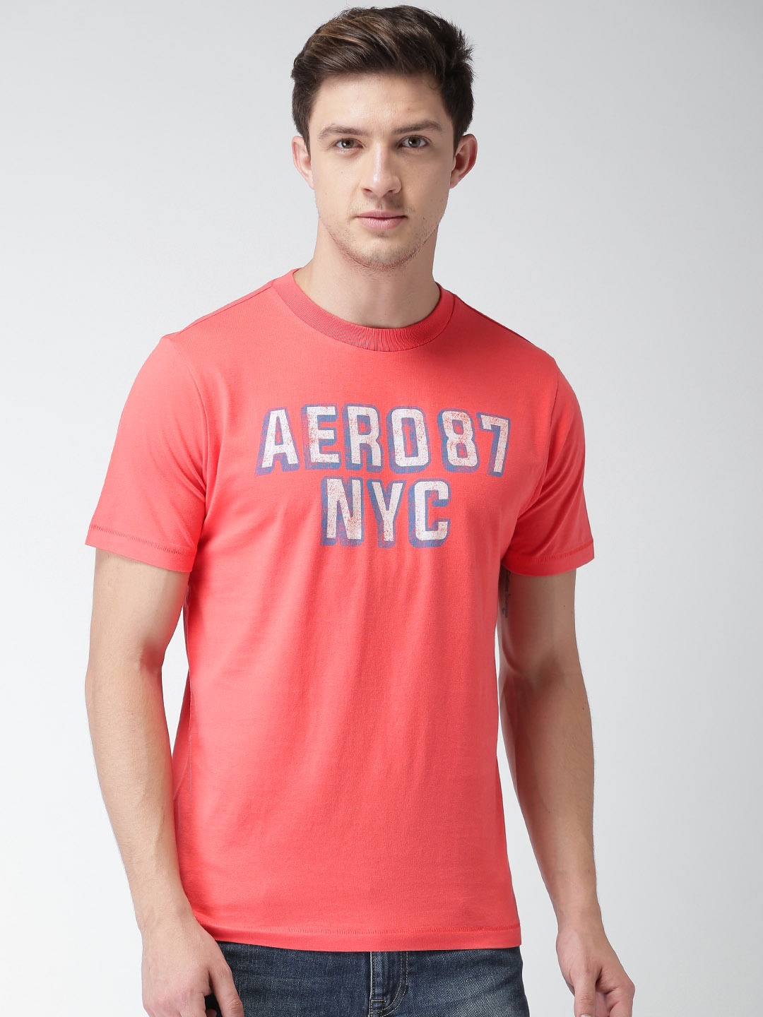 

Aeropostale Men Coral Pink Printed Round Neck Pure Cotton T-shirt
