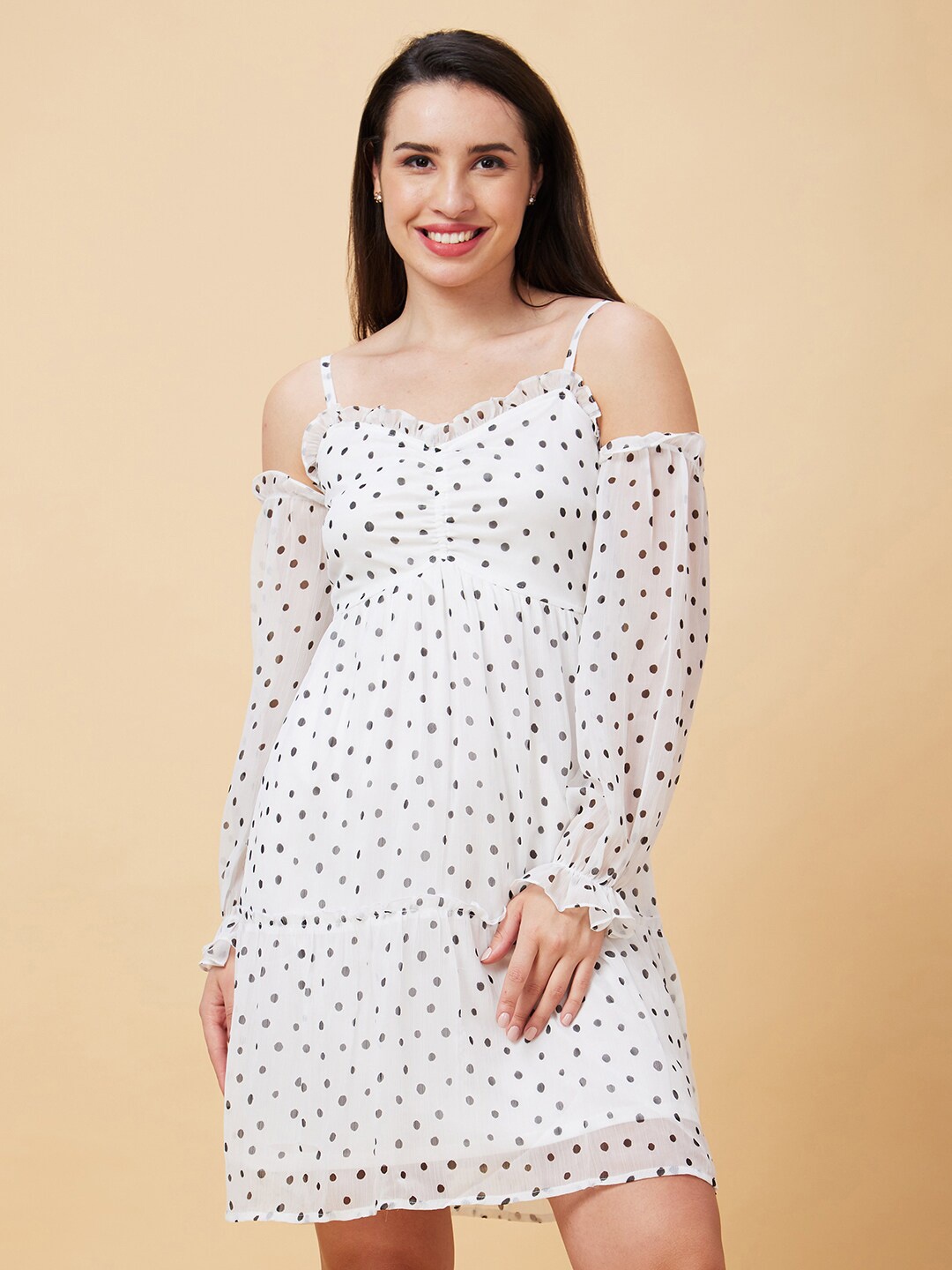 

Globus White Polka Dots Printed Cold-Shoulder Gathered Tiered Fit & Flare Dress