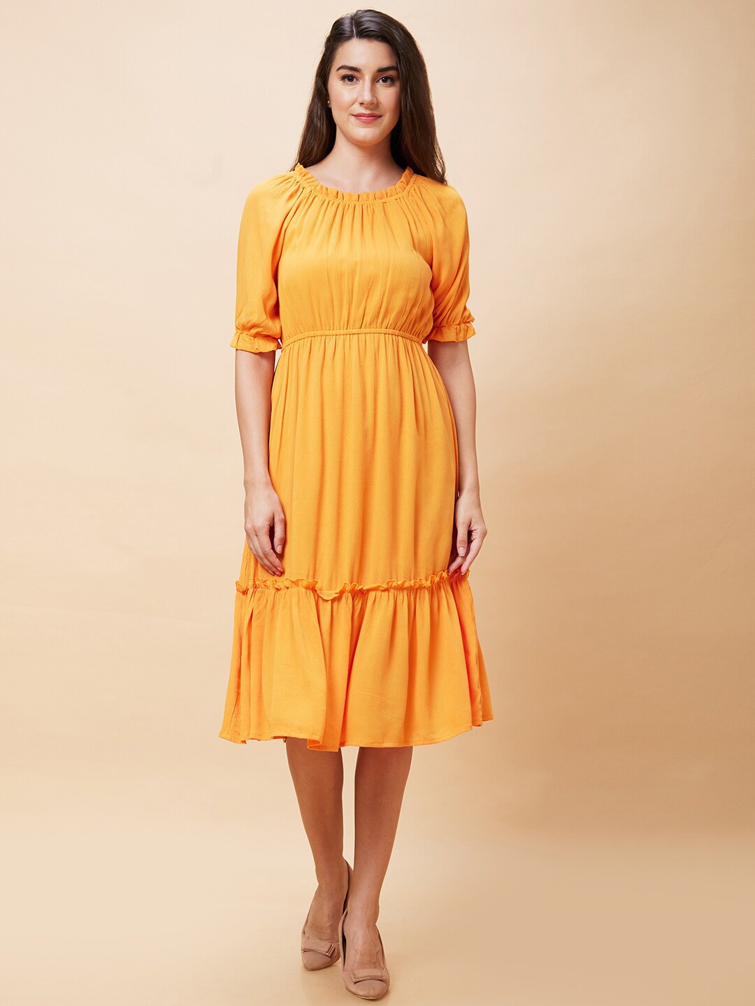 

Globus Tiered Puff Sleeve Gathered Or Pleated Fit & Flare Dress, Orange