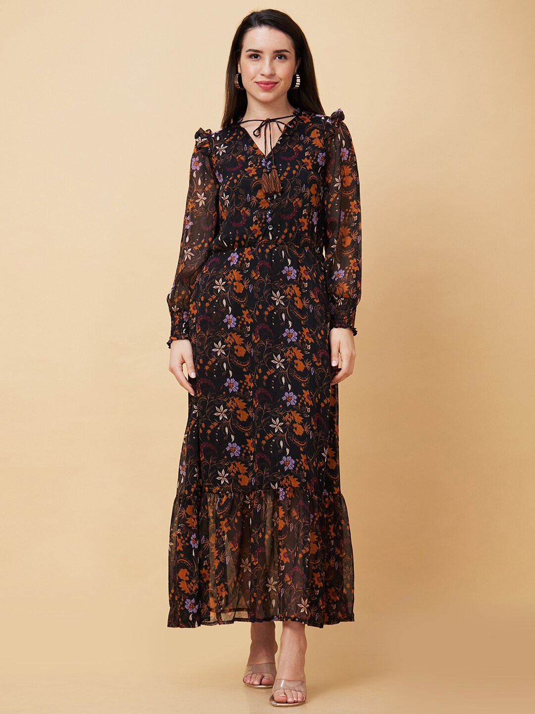 

Globus Floral Printed Puff Sleeve Ruffled Georgette A Line Midi Dress, Black