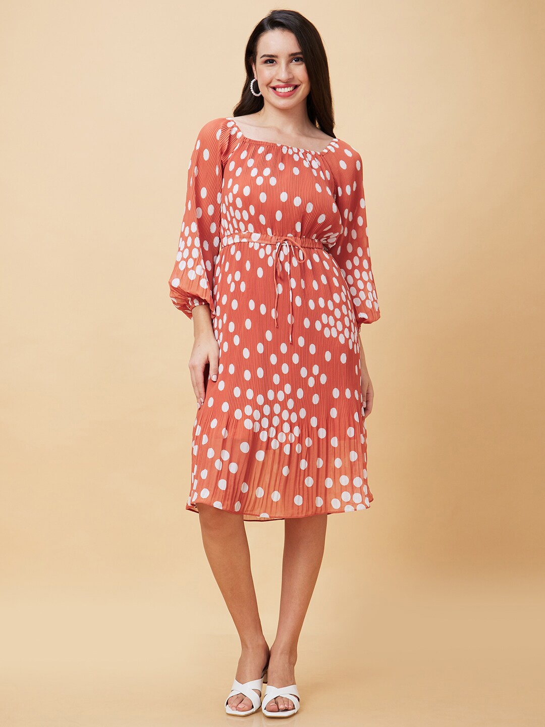 

Globus Brown Polka Dots Printed Tie-Ups Accordion Pleated A-Line Dress