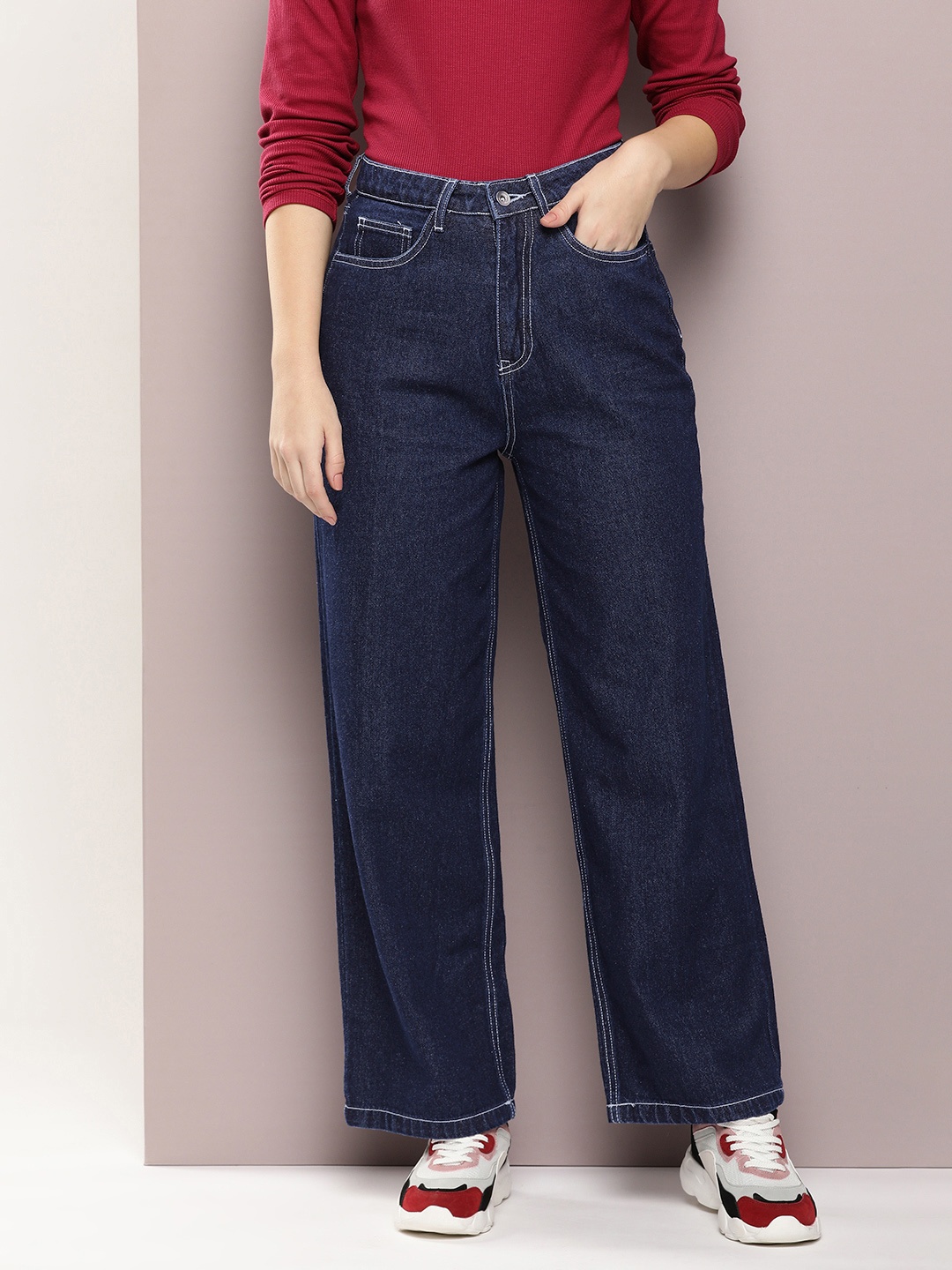 

Kook N Keech Women Straight Wide Leg Cotton Jeans, Navy blue