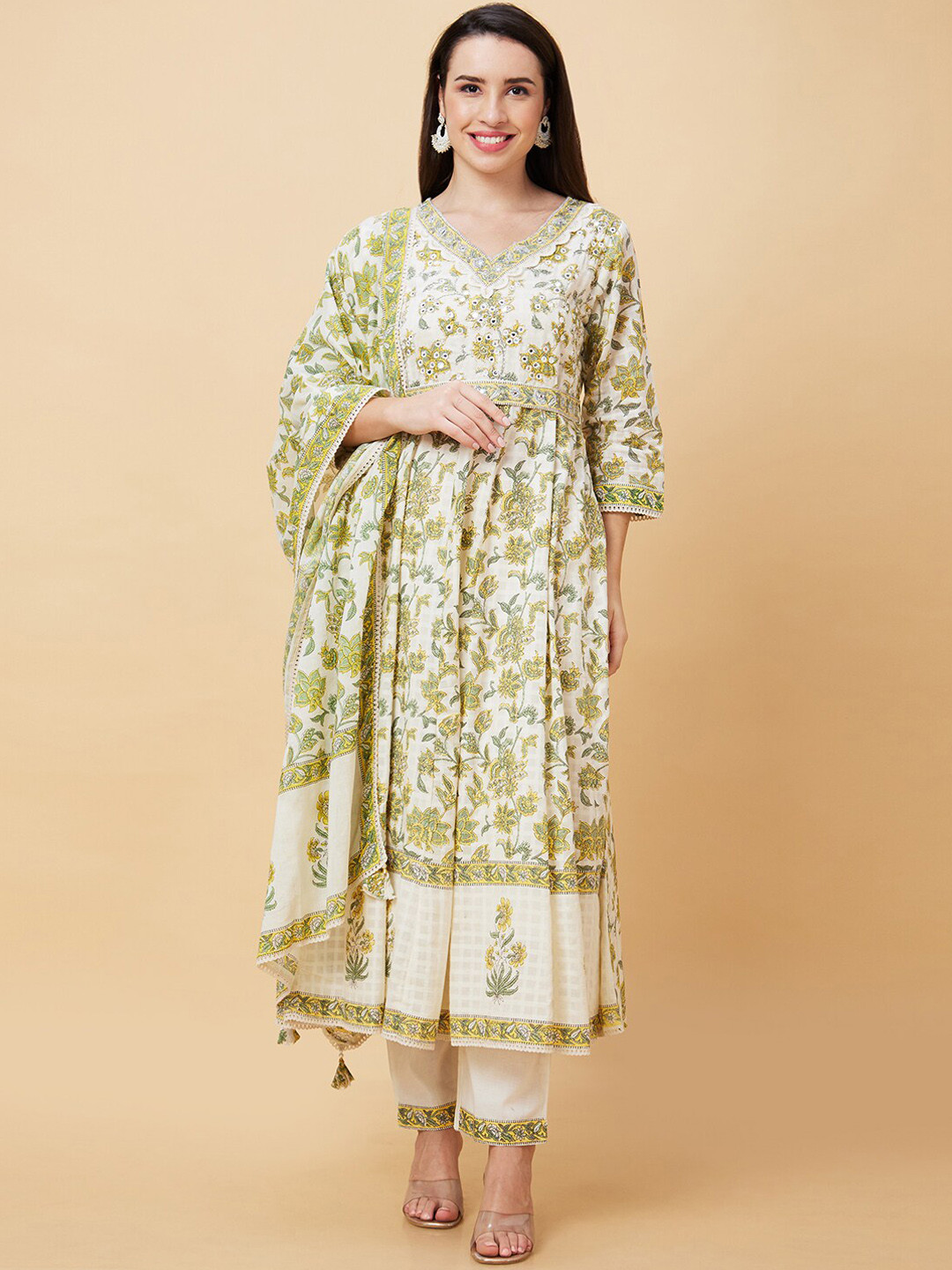 

Globus White Floral Printed Mirror Work Pure Cotton Anarkali Kurta & Trousers With Dupatta