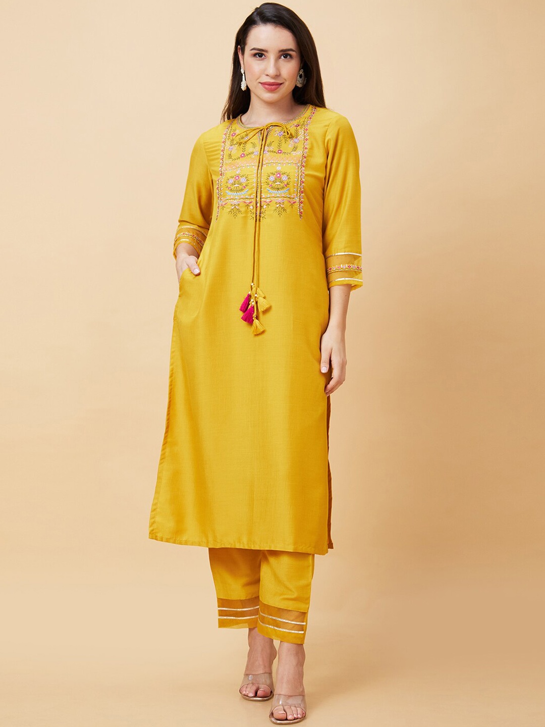 

Globus Yellow Floral Embroidered Keyhole Neck Regular Straight Kurta with Trousers