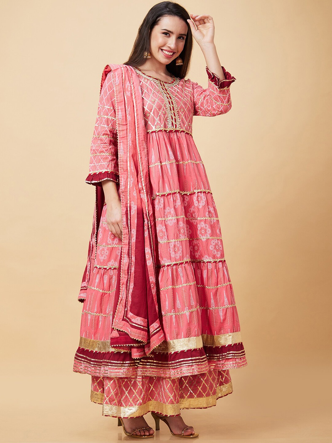 

Globus Women Printed Gotta Patti Tiered Anarkali Kurta with Sharara & Dupatta, Pink