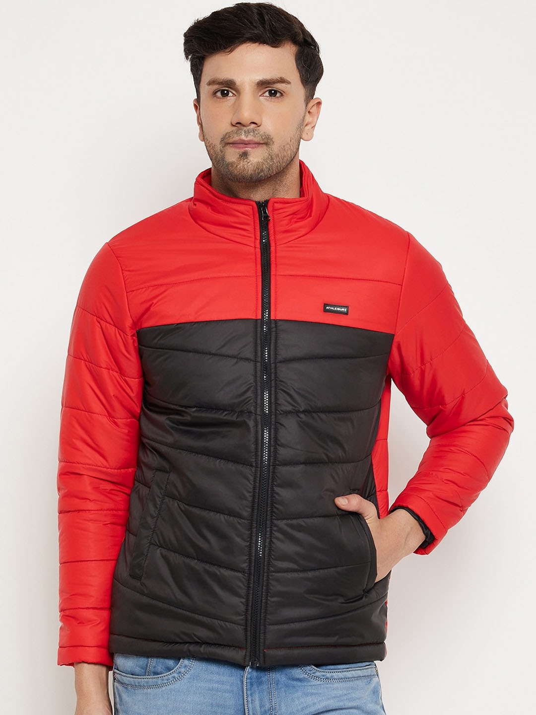 

BETTER THINK Colourblocked Mock Collar Lightweight Padded Jacket, Red