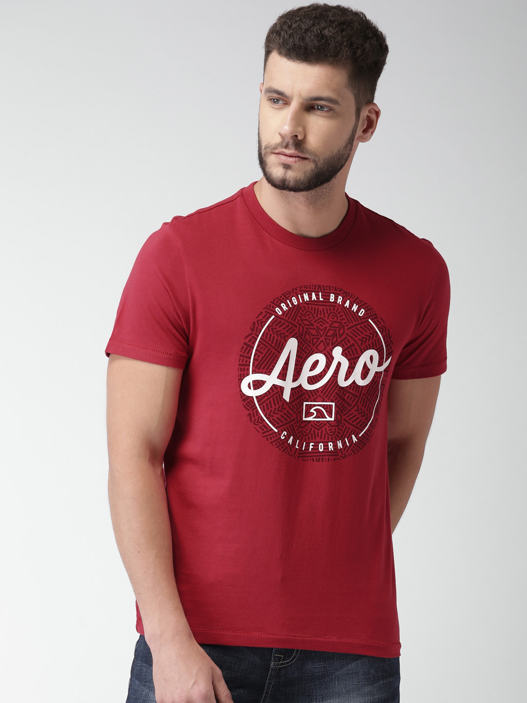

Aeropostale Men Magenta Printed Round Neck Pure Cotton T-shirt