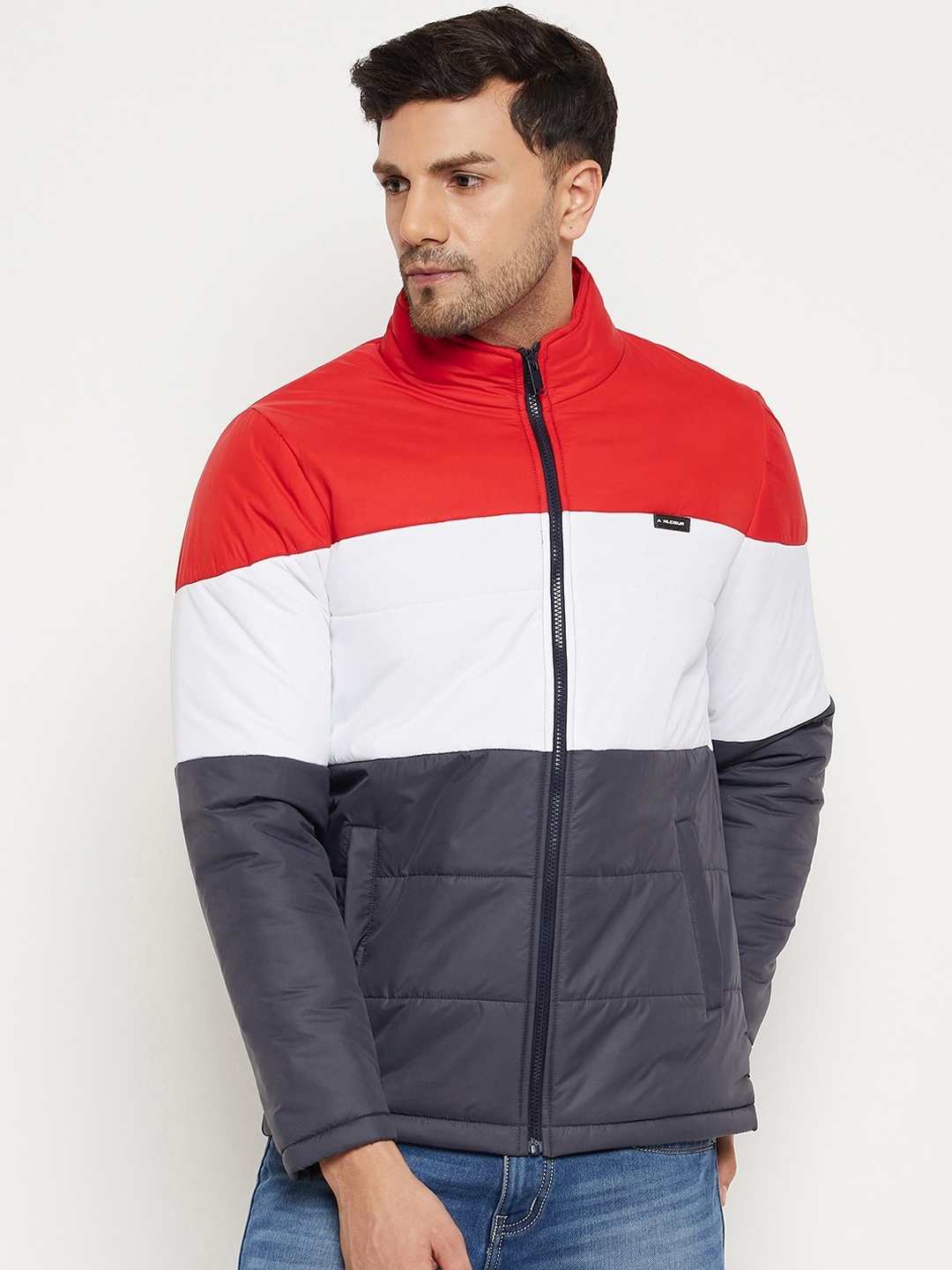 

BETTER THINK Colourblocked Mock Collar Lightweight Padded Jacket, Red