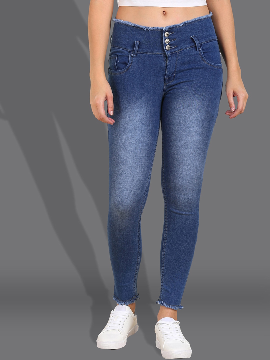 

F2M Women Skinny Fit High Rise Heavy Fade Frayed Hem Stretchable Jeans, Blue