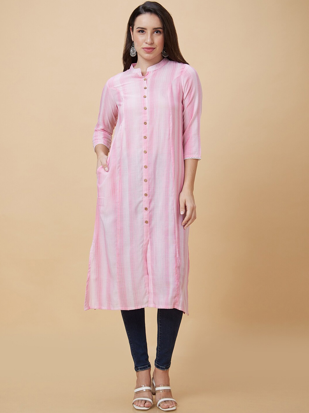 

Globus Woven Design Mandarin Collar Straight Kurta, Pink