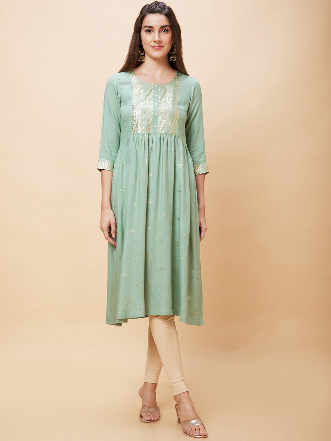 Globus Ethnic Motifs Printed Foil Printed Round Neck A-line Kurta, Green