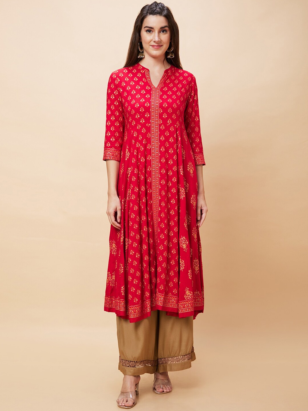 

Globus Floral Printed Mandarin Collar A-line Kurta, Red