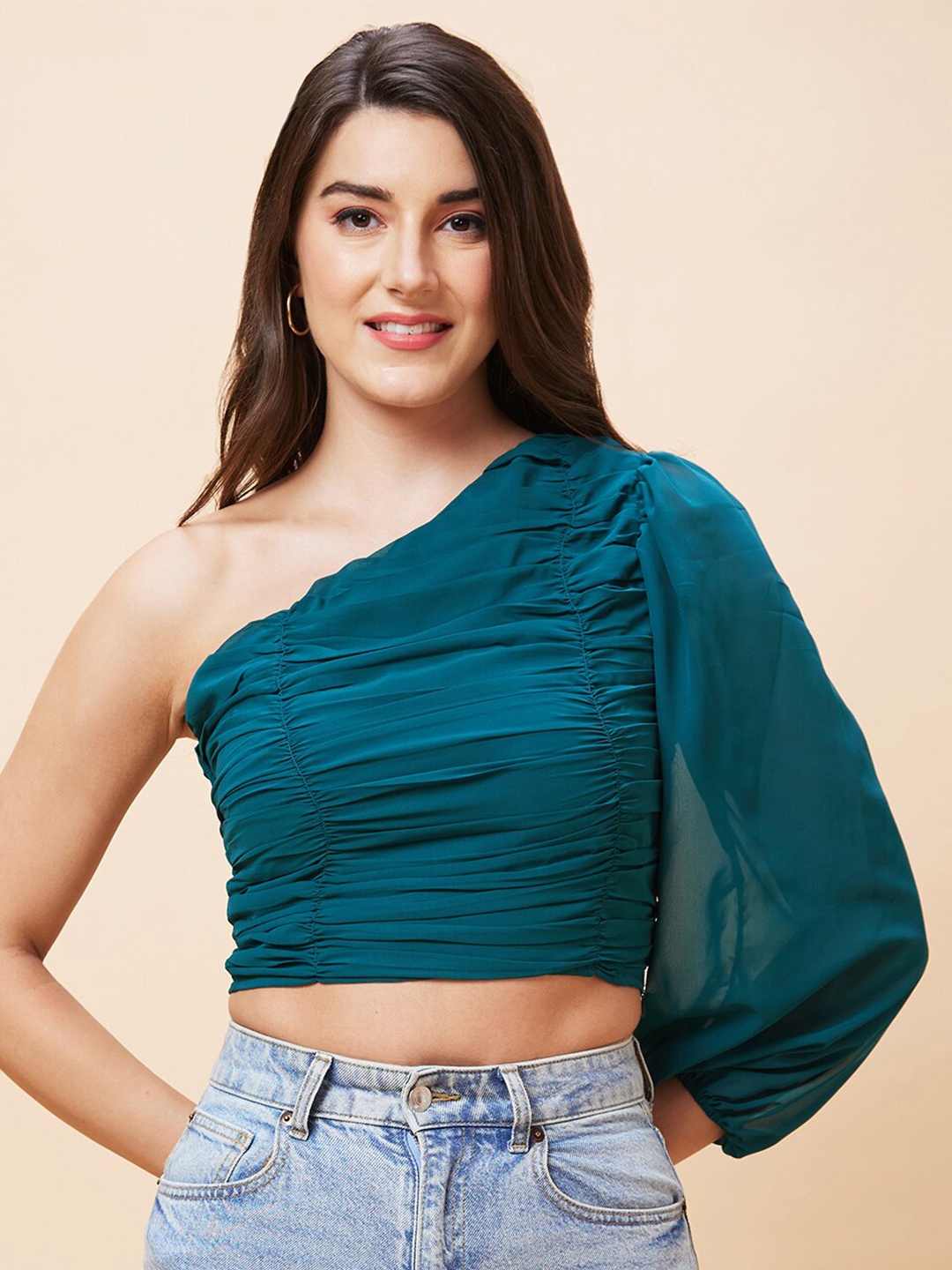 

Globus One Shoulder Ruched Crop Top, Green