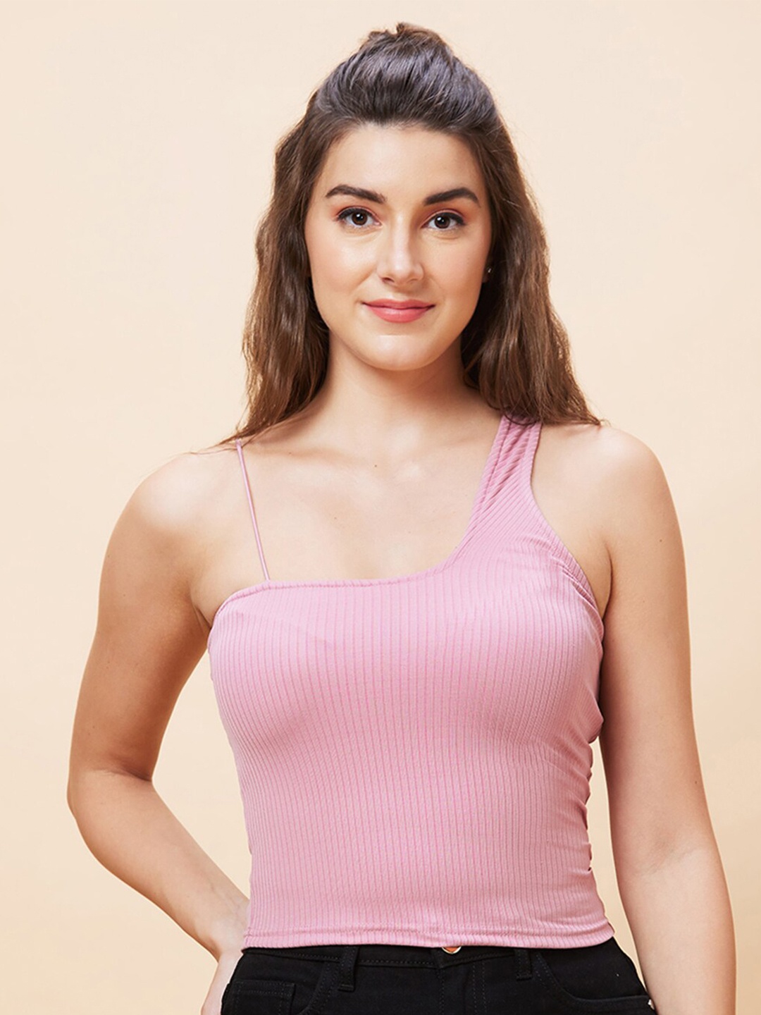

Globus Ribbed One Shoulder Fitted Top, Pink