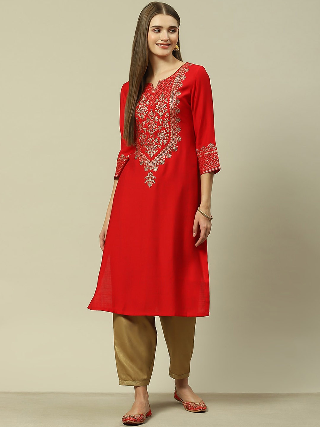 

Rangriti Floral Yoke Design Straight Kurta, Red