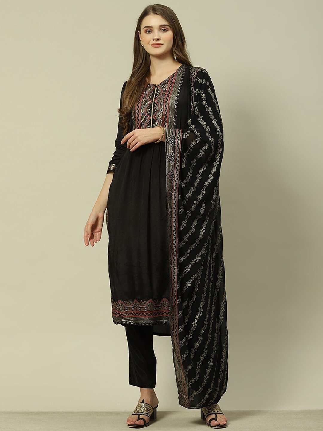 

Rangriti Ethnic Motifs Printed Regular Kurta with Palazzos & Dupatta, Black