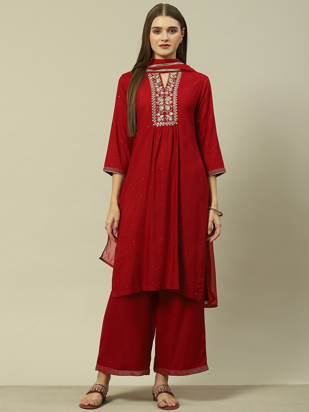 

Rangriti Ethnic Motifs Embroidered Straight Kurta with Palazzos & With Dupatta, Red