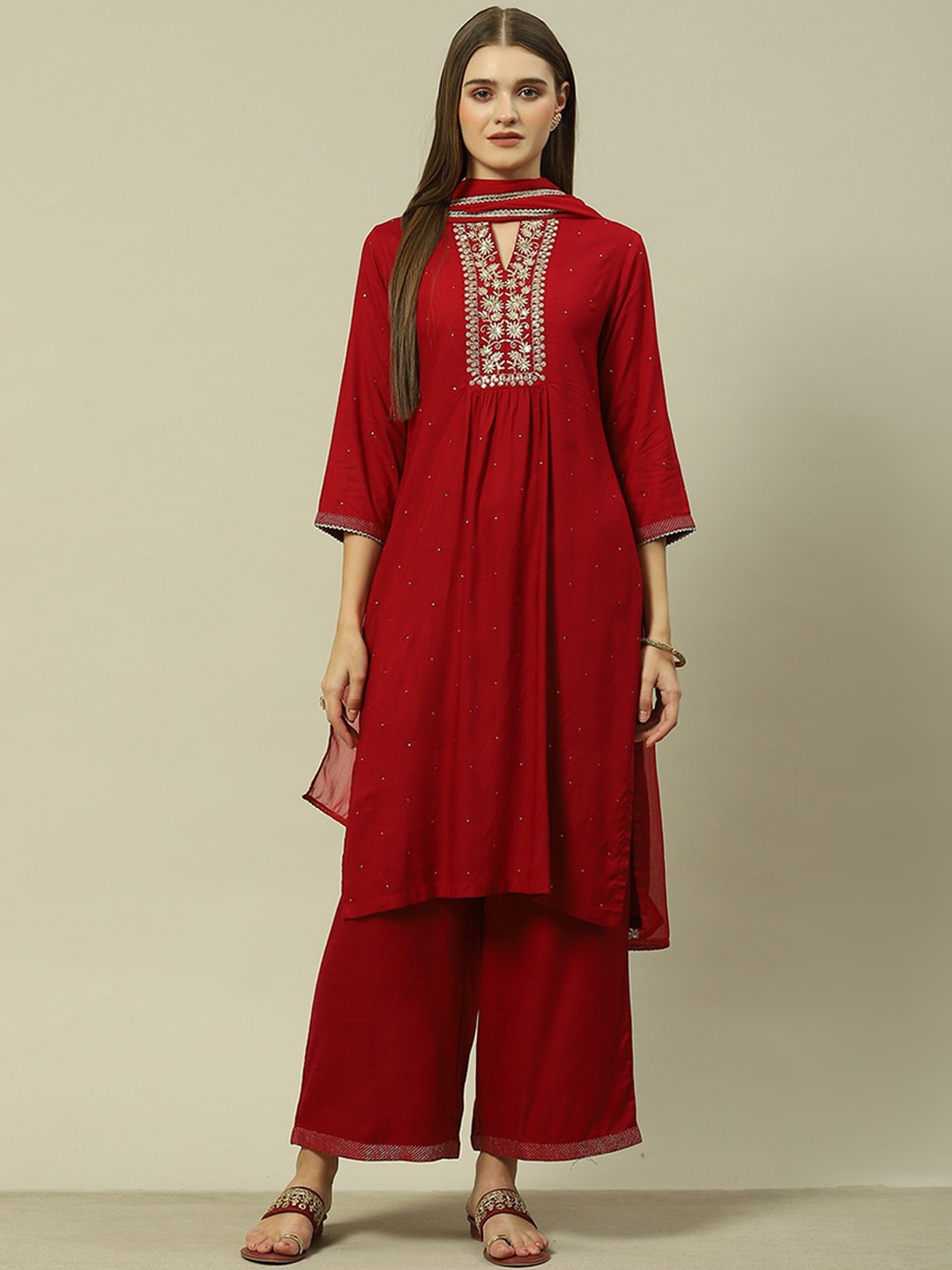 

Rangriti Ethnic Motifs Yoke Design Printed Regular Kurta with Palazzos & Dupatta, Red