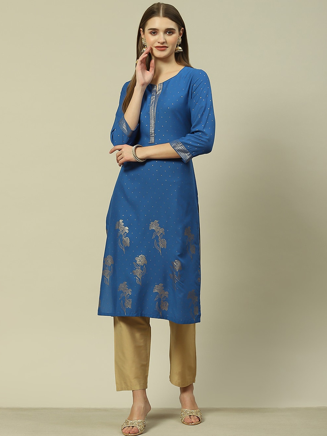 

Rangriti Floral Printed Straight Kurta, Blue