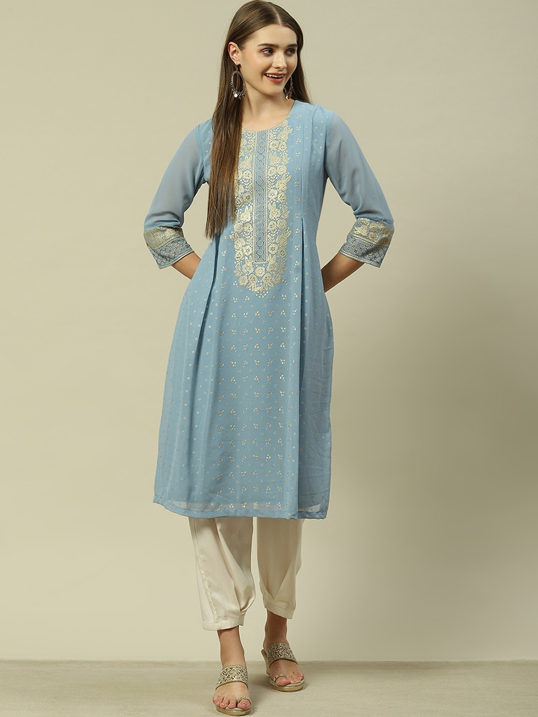 

Rangriti Floral Printed Straight Kurta, Blue