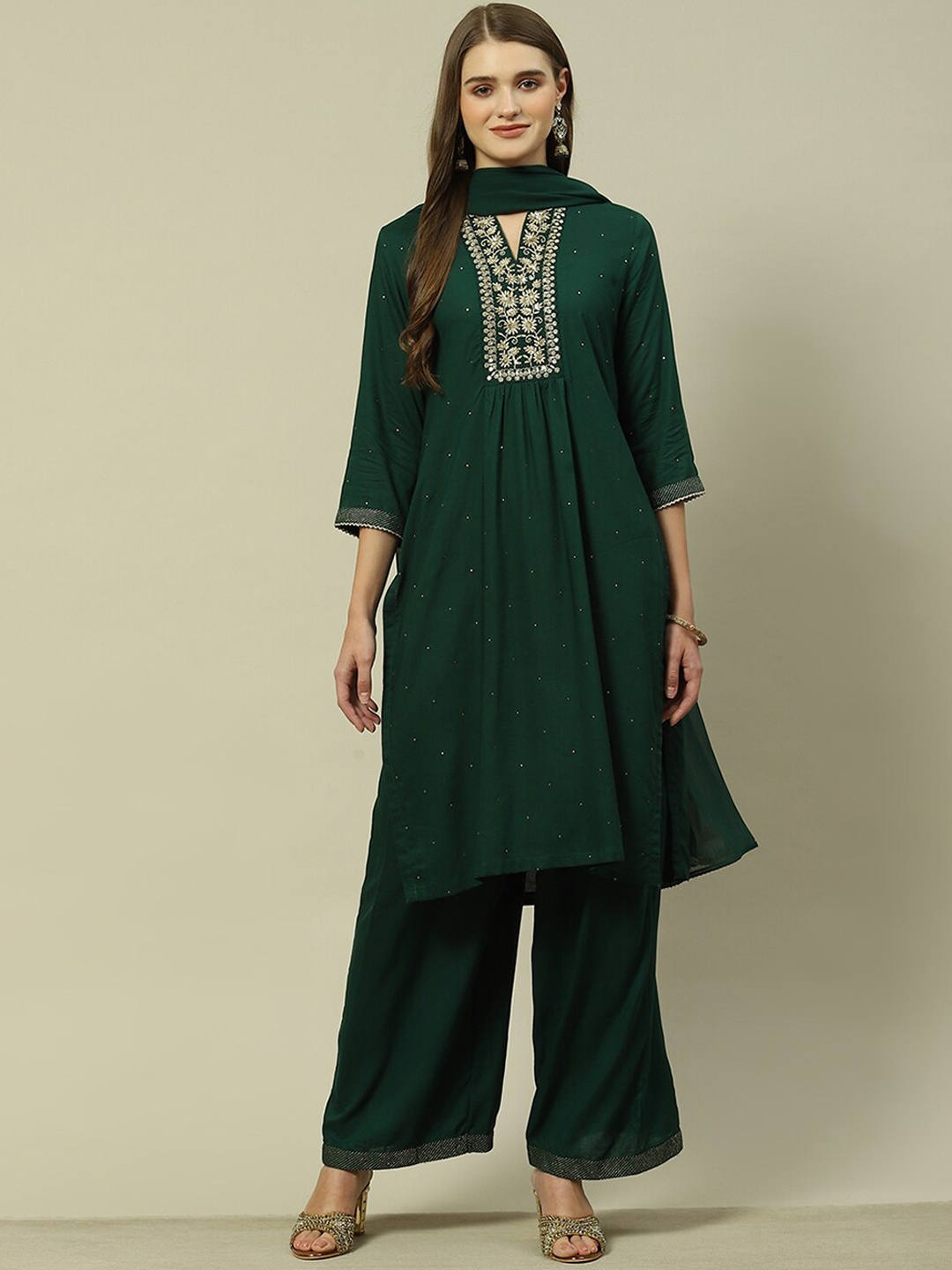 

Rangriti Ethnic Motifs Embroidered Regular Thread Work Kurta with Palazzos & With Dupatta, Green