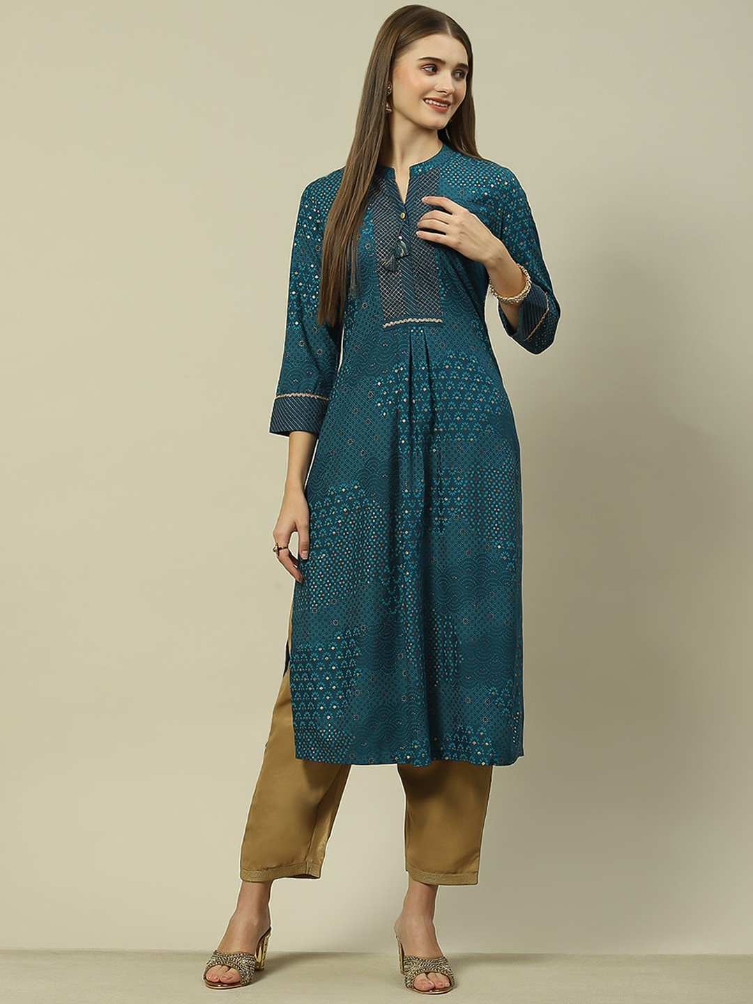 

Rangriti Ethnic Motifs Printed Pleated Kurta, Teal