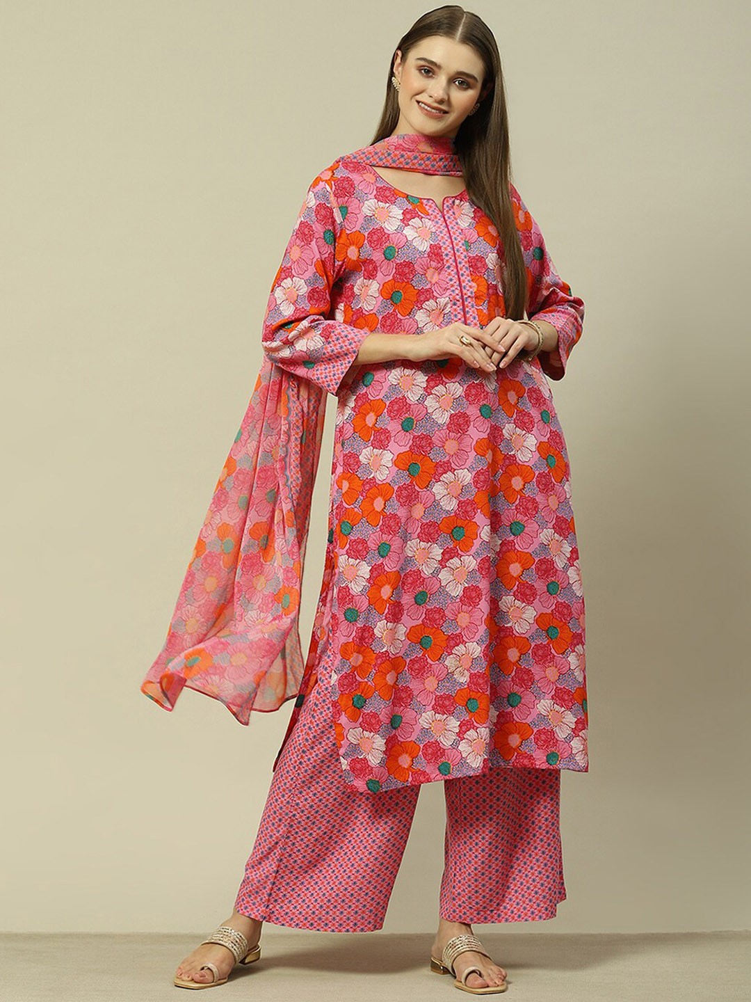 

Rangriti Floral Printed Regular Kurta with Palazzos & With Dupatta, Pink