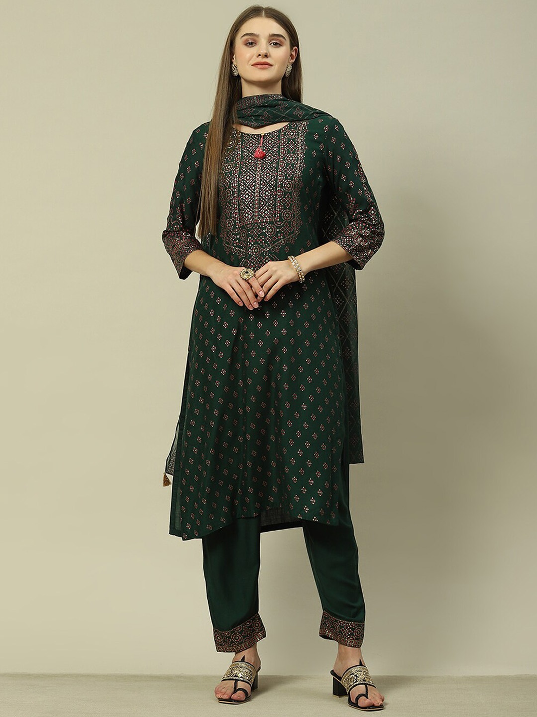 

Rangriti Ethnic Motifs Printed Regular Kurta with Palazzos & Dupatta, Green
