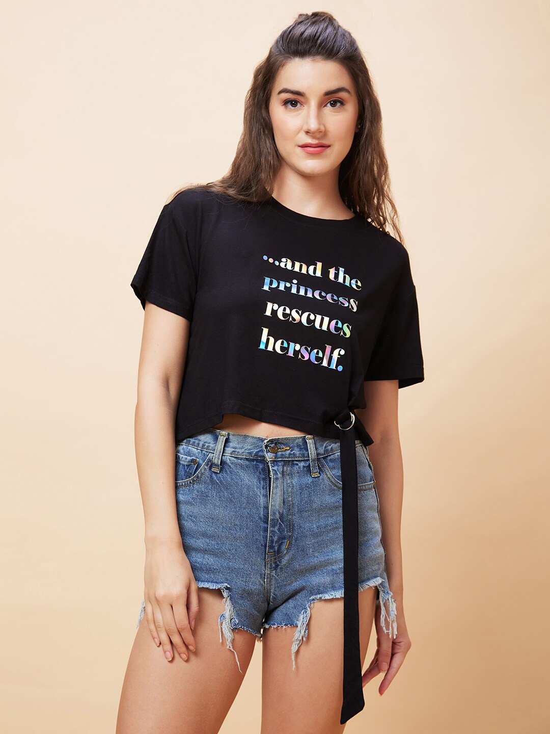 

Globus Typography Printed Crop Boxy T-Shirt, Black
