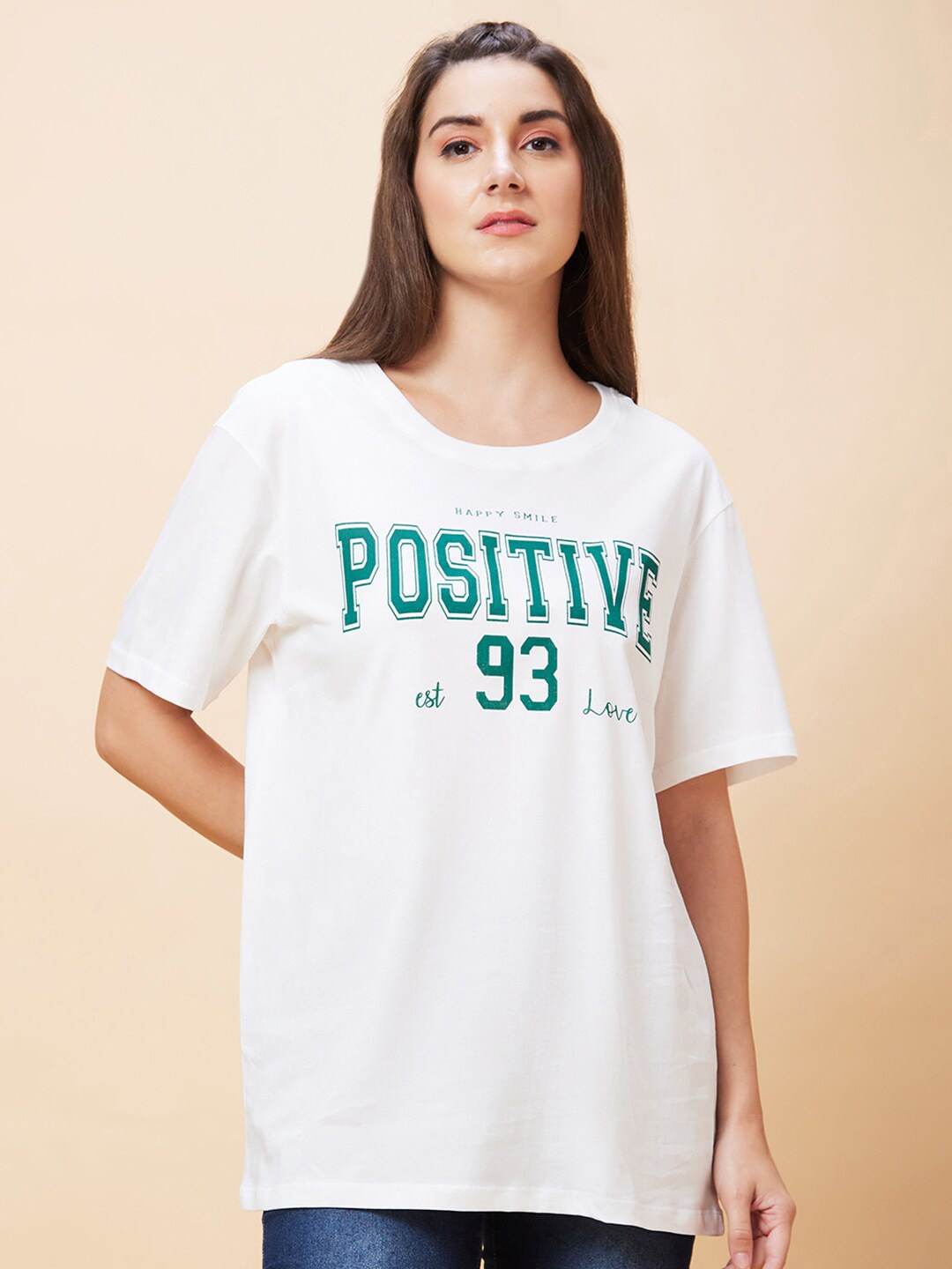 Globus Typography Printed Pure Cotton Oversized T-Shirt, White