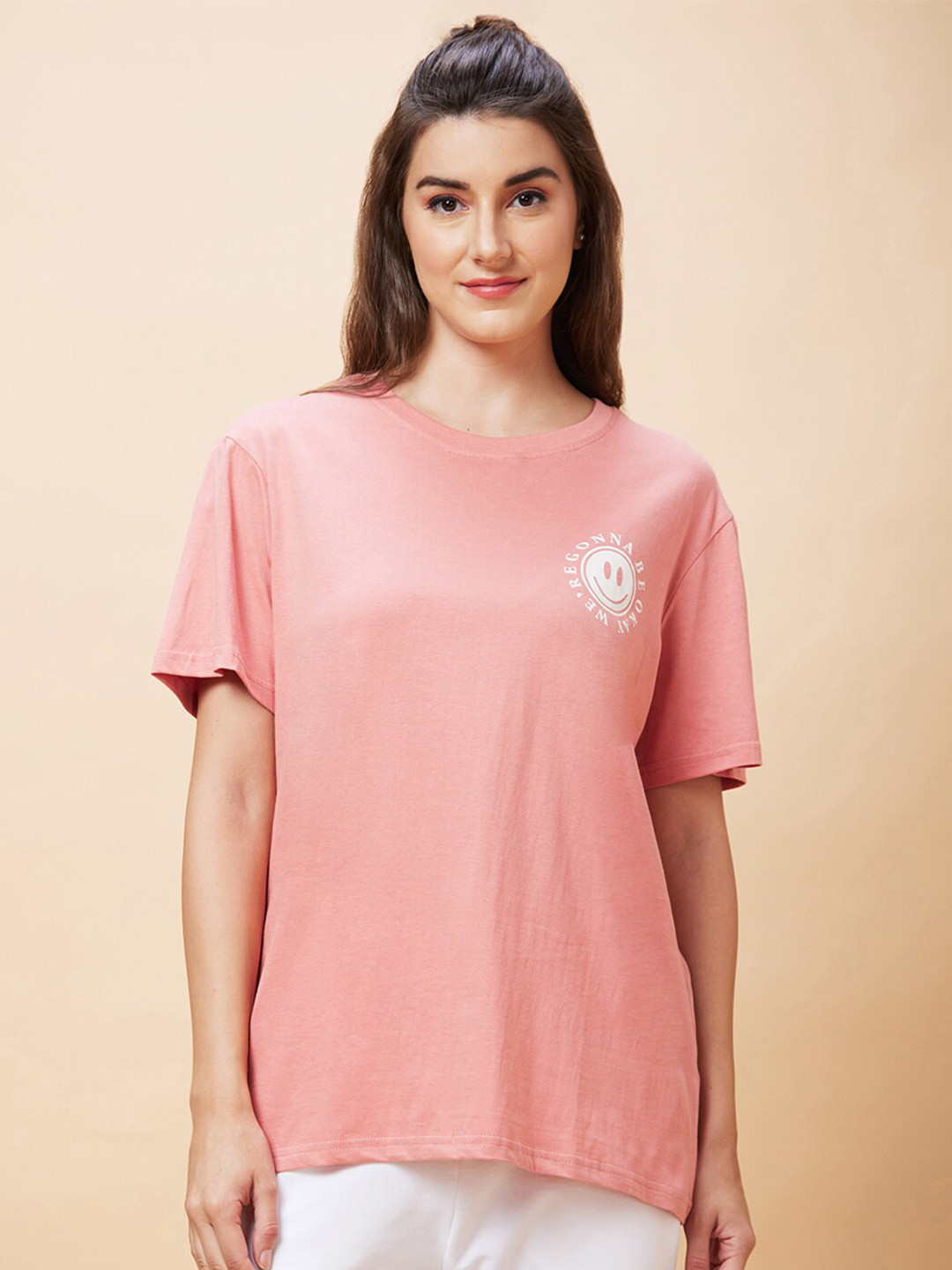 

Globus Typography Printed Pure Cotton Oversized T-Shirt, Pink