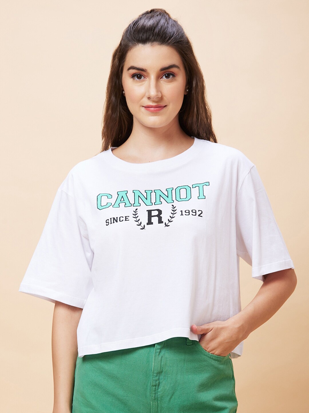 

Globus Typography Printed Crop Oversized T-Shirt, White