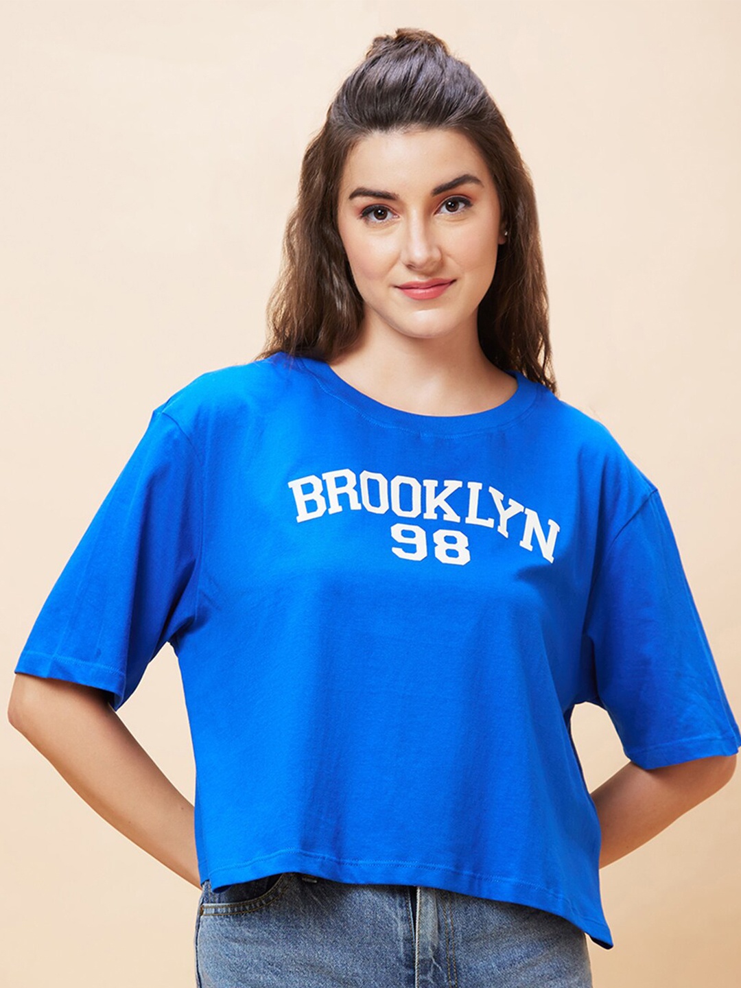 

Globus Typography Printed Pure Cotton Crop Oversized T-Shirt, Blue
