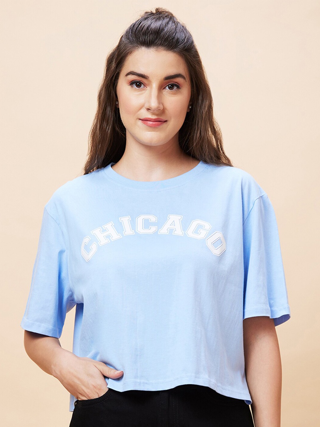 

Globus Typography Printed Pure Cotton Crop Oversized T-Shirt, Blue