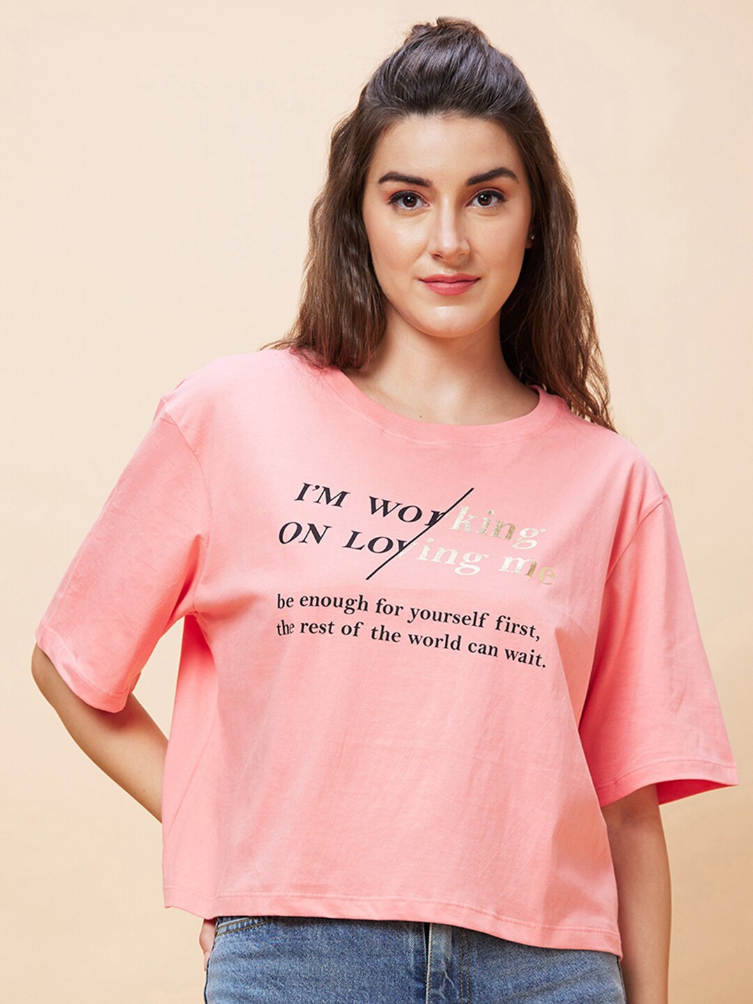 

Globus Typography Printed Pure Cotton Crop Oversized T-Shirt, Pink