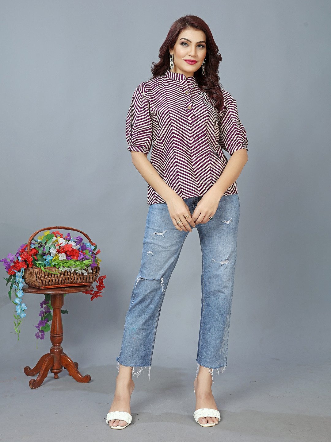 

BAESD Striped Mandarin Collar Cotton Top, Purple