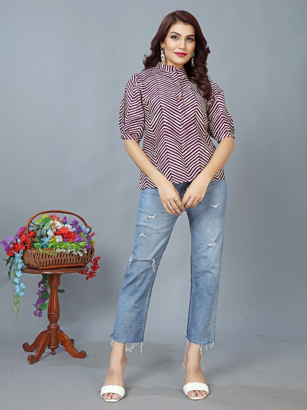 

BAESD Striped Mandarin Collar Cotton Regular Top, Purple
