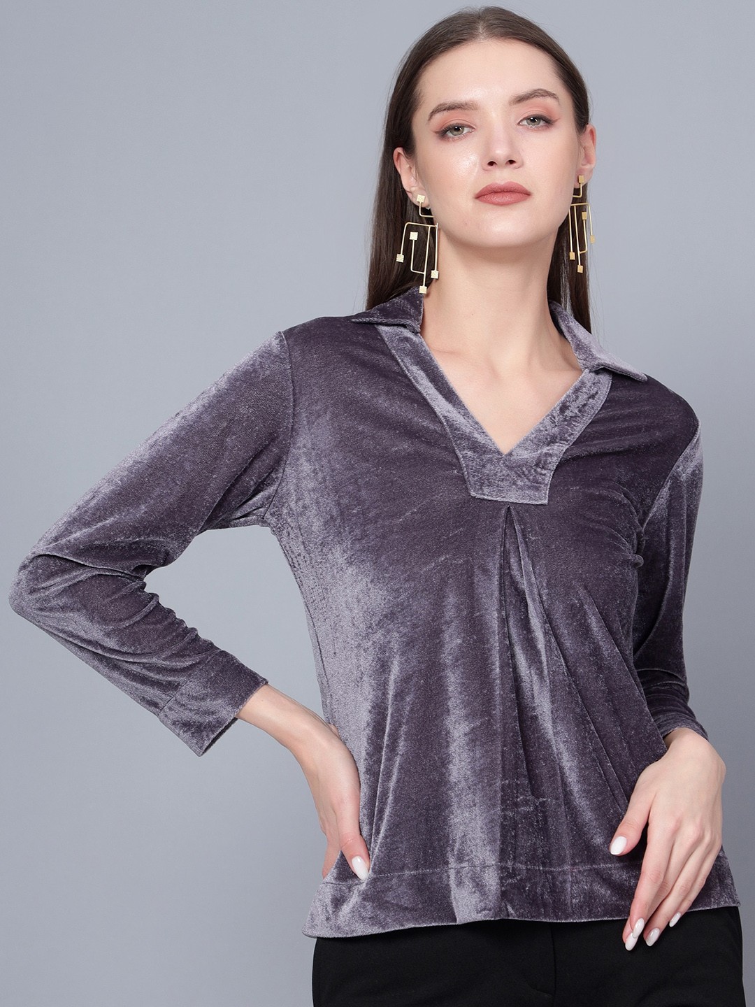 

Golden Kite Gathered Shirt Collar Velvet Regular Top, Grey