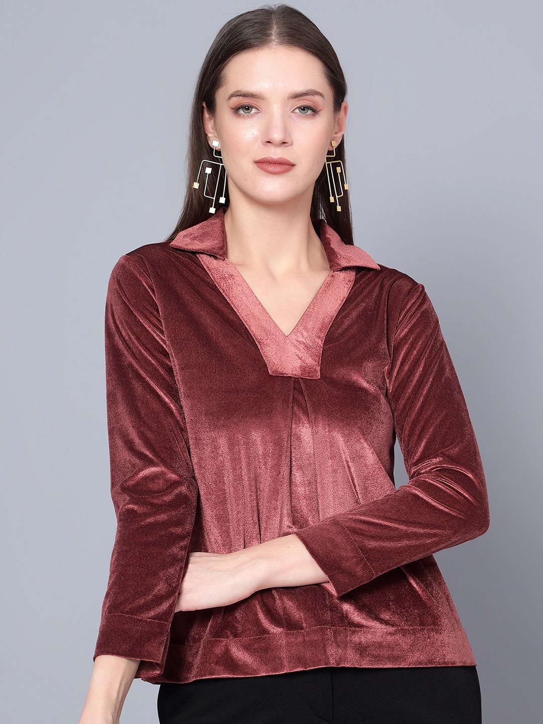 

Golden Kite Shirt Collar Velvet Top, Brown