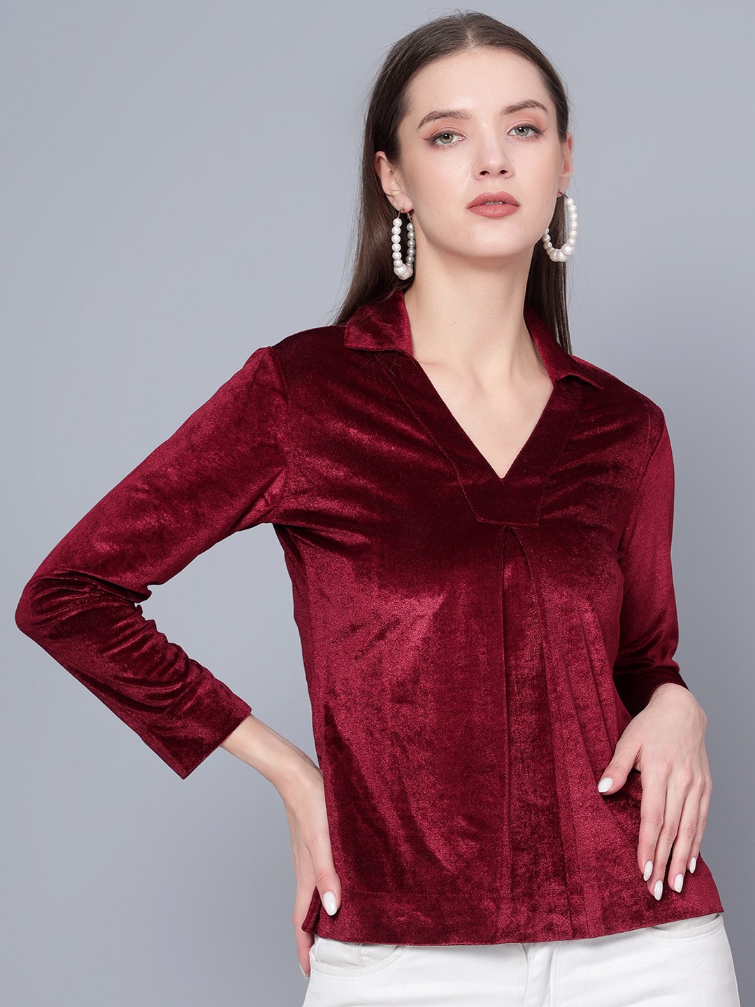 

Golden Kite Shirt Collar Velvet Top, Maroon