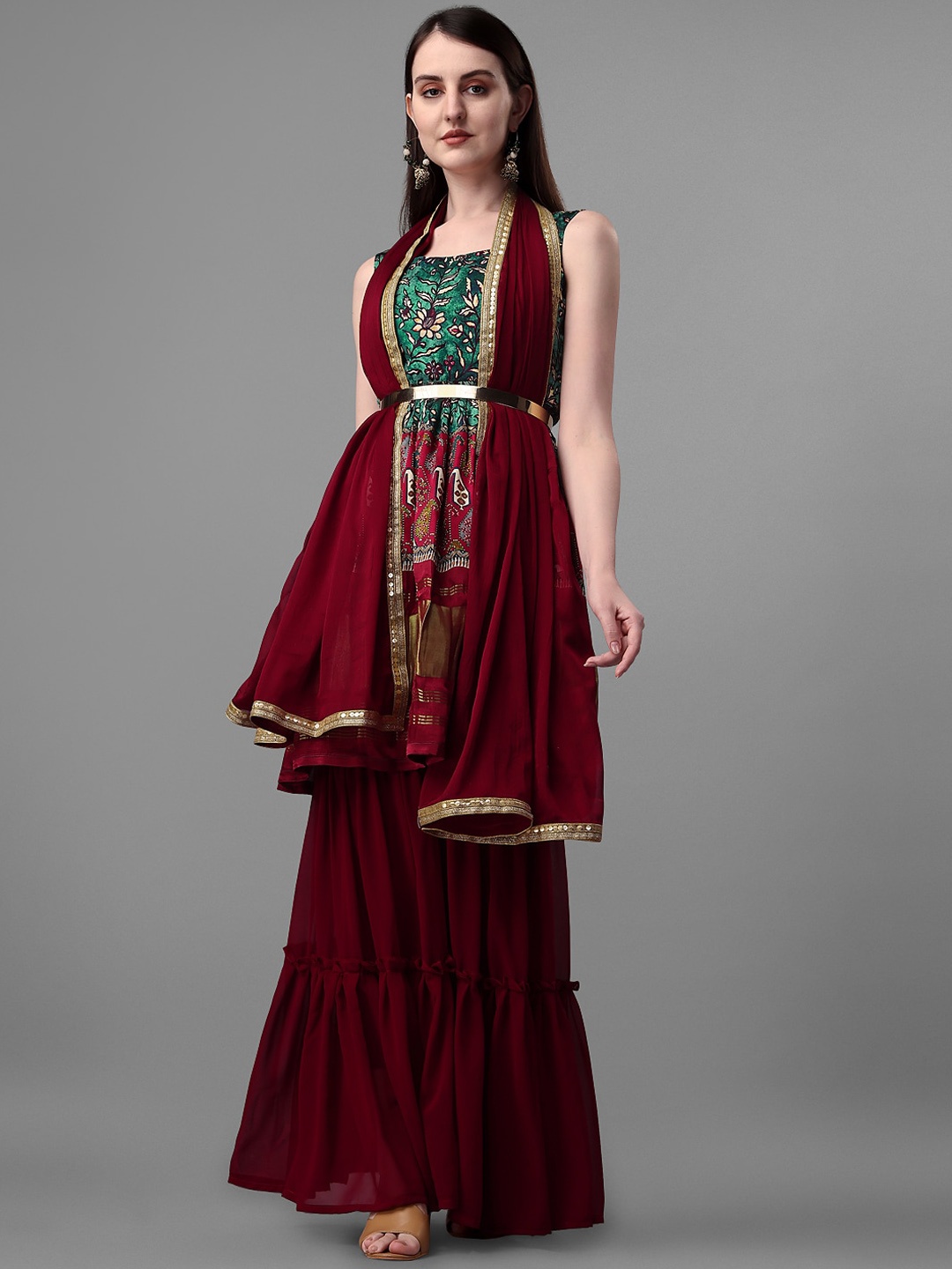 

KALINI Floral Printed Empire Sequinned Kurta with Sharara & Dupatta, Green