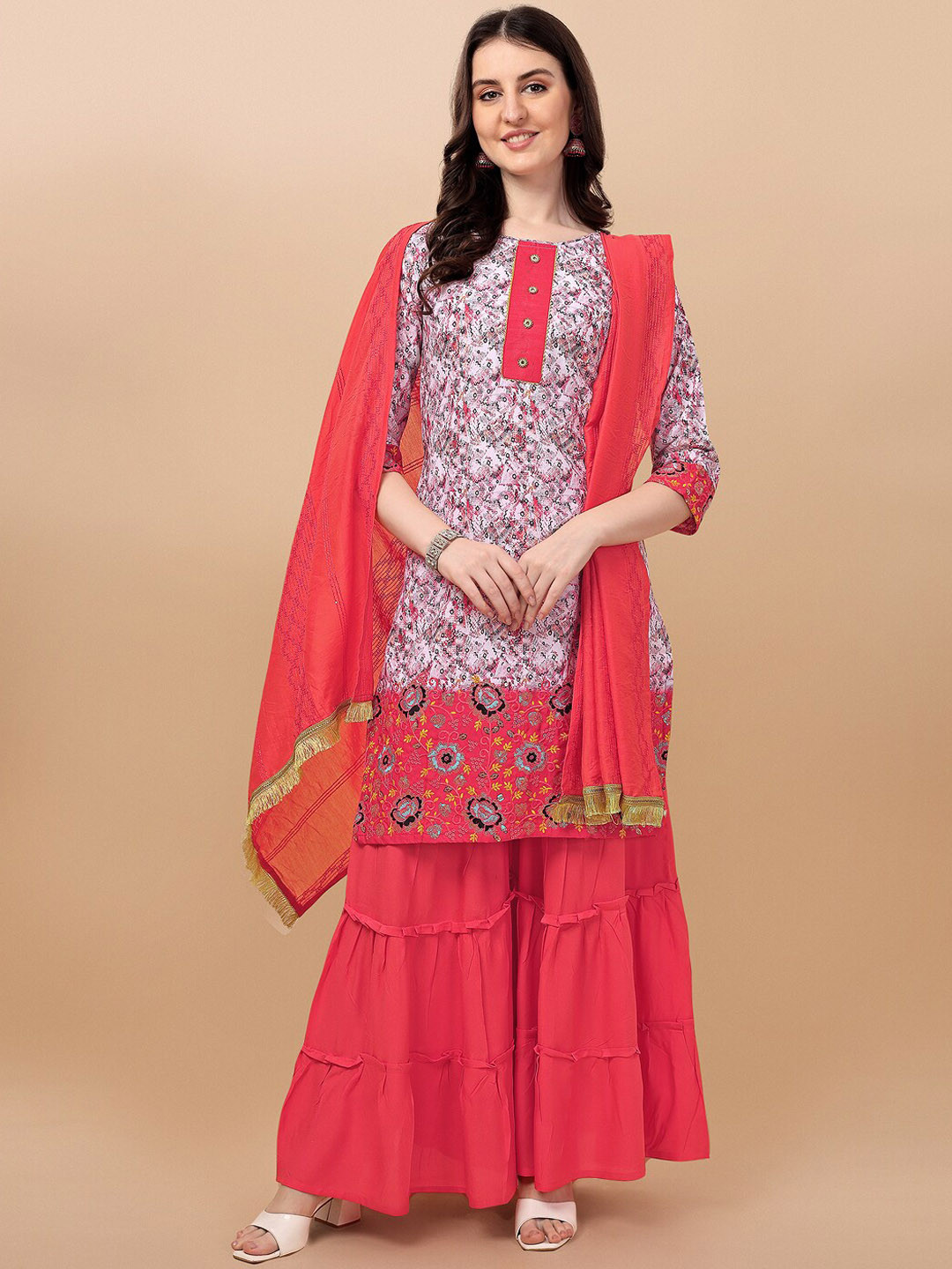 

KALINI Floral Printed Sequinned Kurta With Sharara & Dupatta, Coral