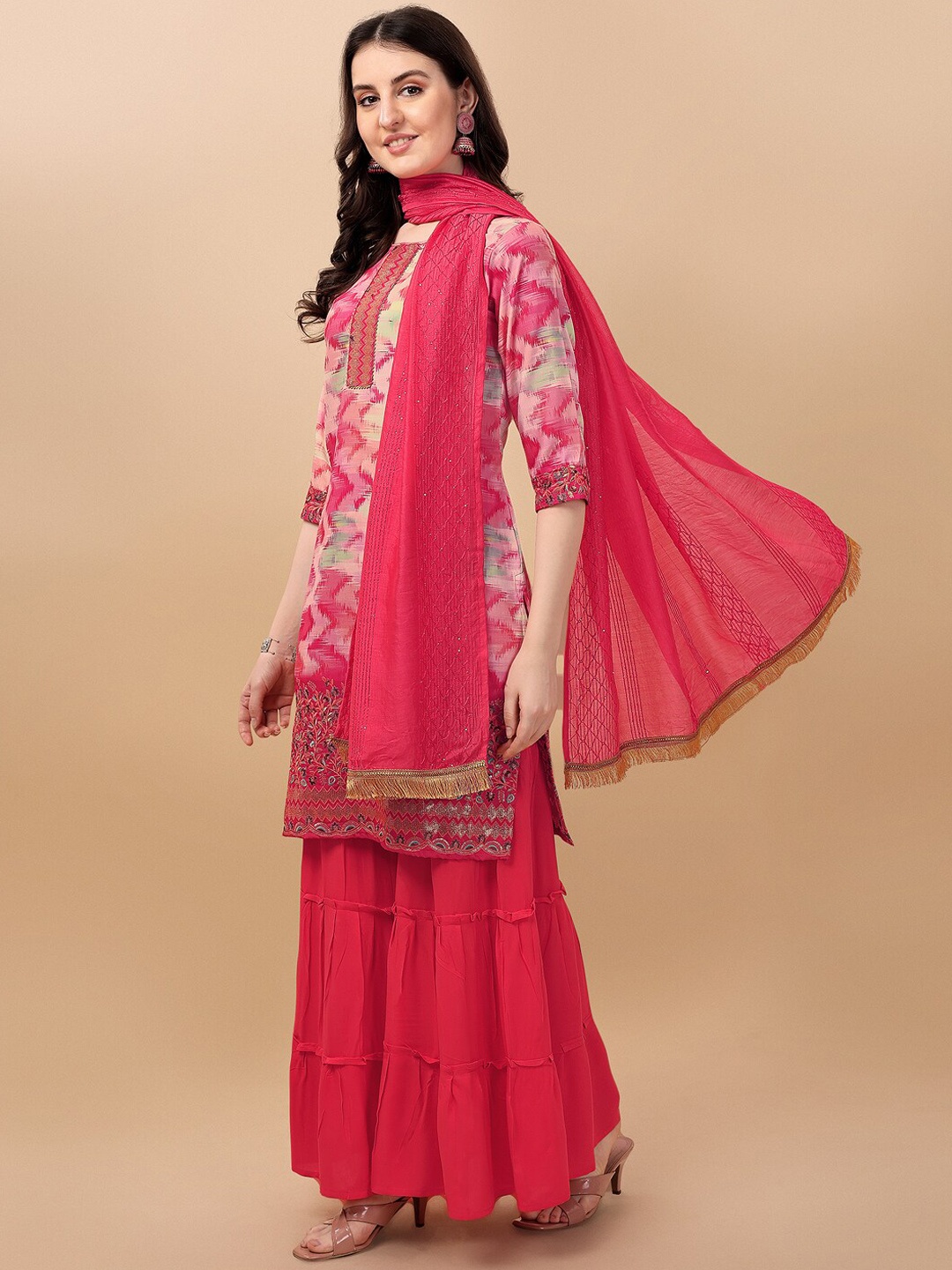 

KALINI Chevron Printed Sequinned Kurta With Sharara & Dupatta, Pink
