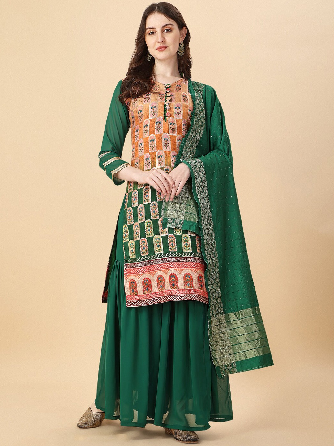 

KALINI Ethnic Motifs Printed Zari Kurta Wth Sharara & Dupatta, Mustard